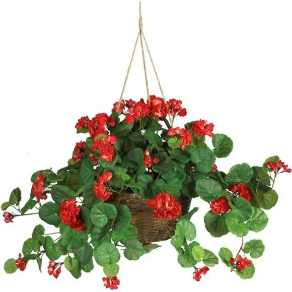 Nearly Natural Red Geranium Hanging Basket 24in Faux Silk Plant Home Decor